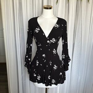 Freepeople Textured Embroidered Floral Black Flared Sleeve Dress